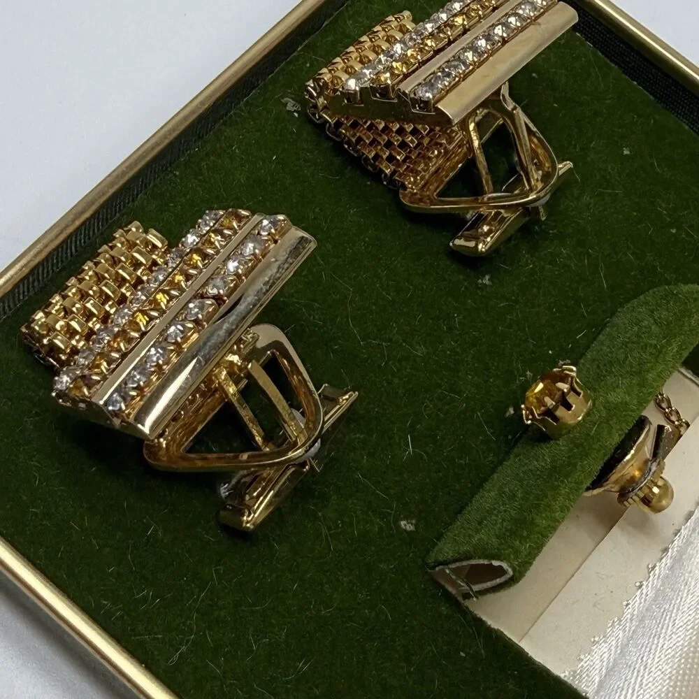 Vintage Executive Gold Tone Rhinestone Cuff Links & Tie Tack Matching Set New
